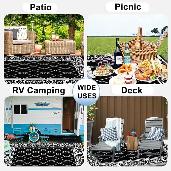 OutdoorLines Indoor Outdoor Rugs for Patio 5x8 ft - Reversible Outside Carpet, Stain & UV Resistant Portable RV Mats, Plastic Straw Rug for Camping, Pool Deck, Porch Rhombus Black & White
