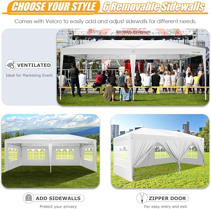 HOTEEL 10x20 Pop up Canopy with Sidewalls, One Push Outdoor Tents for Parties Waterproof Canopy Tent with Reinforce Rod, Easy Setup Event Tent with Sandbag for Backyard, Camping, Wedding, White