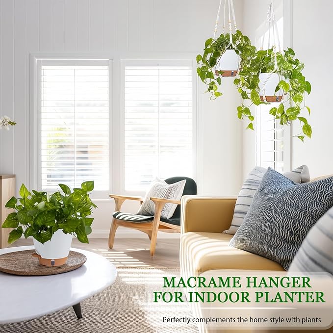 Hanging Planter for Indoor Plants 8 Inch, 2 Pack Hanging Baskets for Plants, Self Watering Hanging Flower Pots with Drainage Hole & 2 Kinds of Plant Hangers for Garden Home Decor (White, 8 inch)