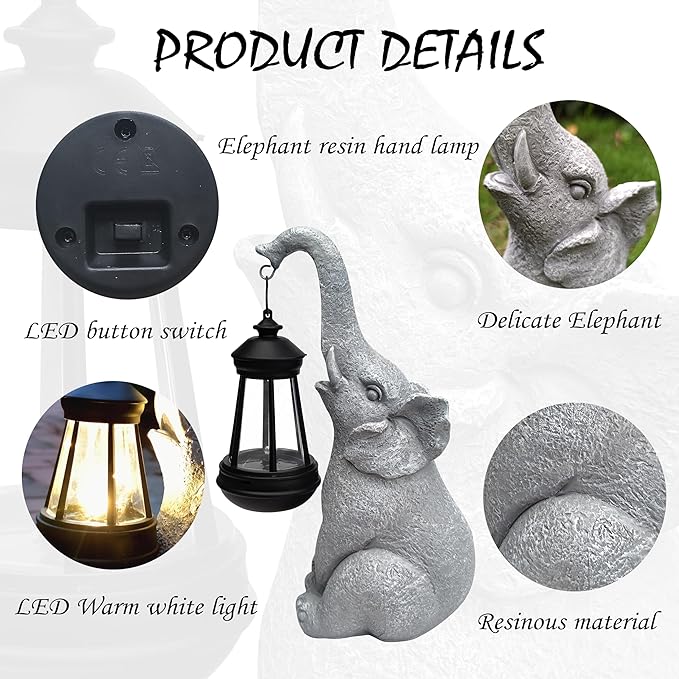 Elephant Solar Garden Statues,Resin Elephant Figurine Decorations with Solar Lights Lantern, Outdoor Elephant Decor Art for Lawn,Yard, Unique Housewarming Gift for Garden Home, VY-0617