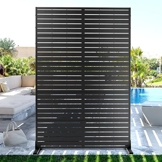FENCY Metal Privacy Screen with Stand 72" H×44" W Outdoor Freestanding Privacy Panels, Outdoor Privacy Screen for Deck Patio Balcony(Black-Louvered)