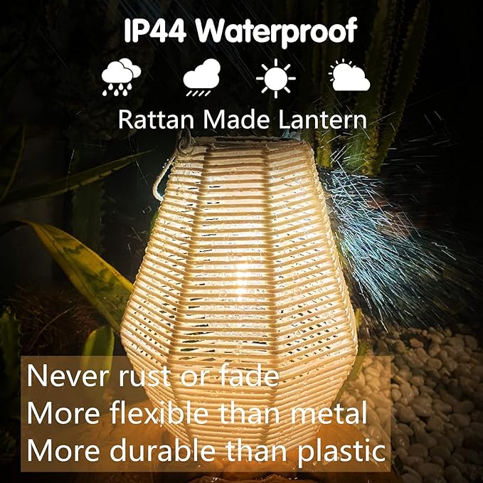 Outdoor Solar Lantern Hanging Decorative Rattan Lanterns with Handle White Large Solar Table Lamp Waterproof for Patio Garden Wedding Home Decor