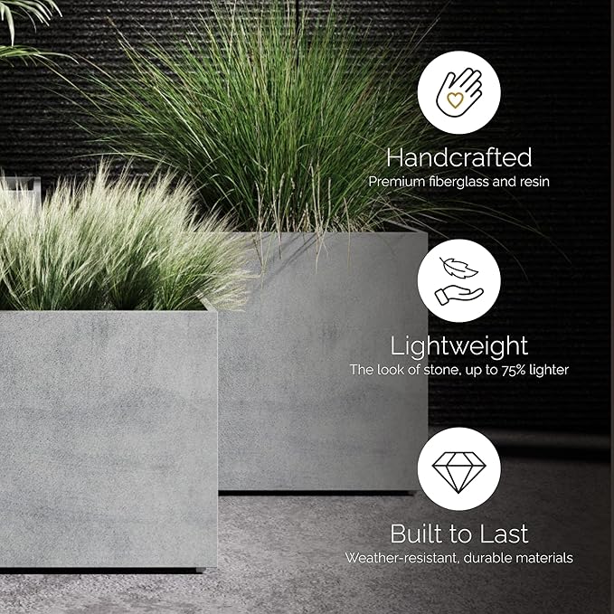 Reglito Cube Planter – Fiberglass Indoor/Outdoor and Weather-Resistant Large Planter (Concrete Stone, 31.5" L x 31.5" W x 32.1" H)