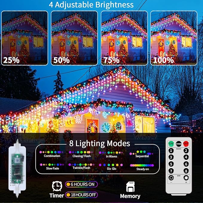 XZAI 800LED 72FT, Fairy Icicle String Lights, Plug-in, Multi-Color & Cool White, Christmas Party Decors, Remote, 8 Modes, Timer, Dimmable, IP65 Waterproof, Hanging for Outdoor & Indoor Use