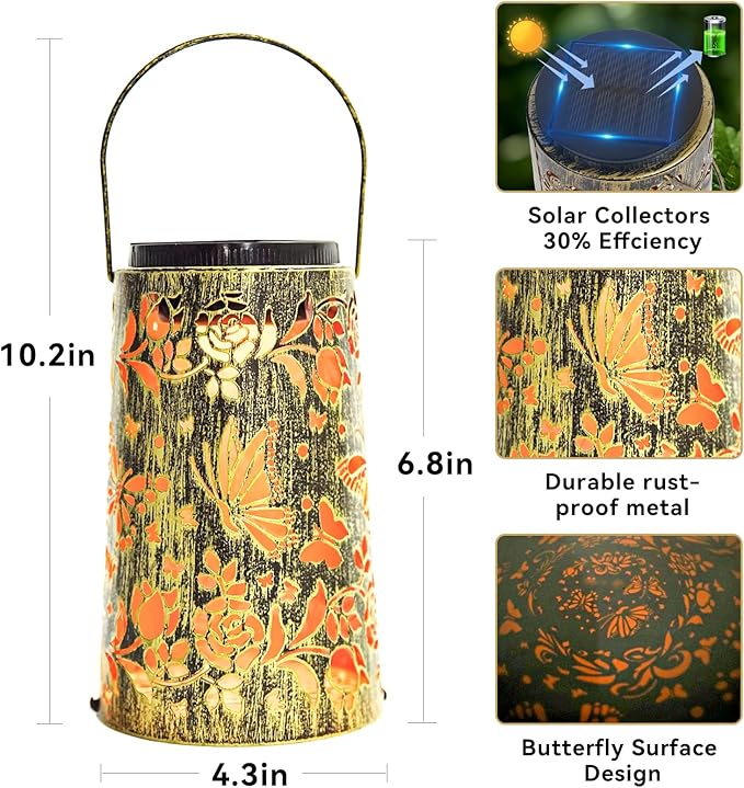 Waterproof Metal Hanging Solar Lantern, Decorative Outdoor Butterfly Light for Garden or Yard Use, Cool/Warm Lighting, 2 Pack