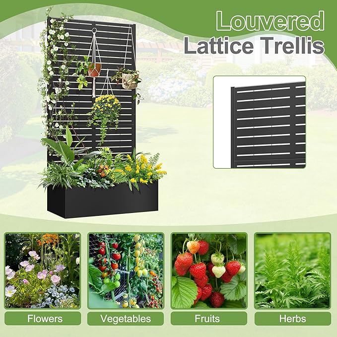 Trellis for Climbing Plants Outdoor，Mental Garden Bed with Drainage Holes Outdoor Privacy Screen Design Tall planters for herb Flower Vegetables 73"x35"x16", Black-Louvered