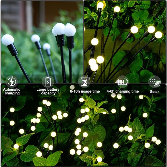 4Pack 32LED Spring Solar Swaying Lights Outdoor Solar Powered Firefly Lights Garden Decor Waterproof Pathway Light Sway by Wind Landscape Lights Warm Yellow for Pathway Lawn Patio Courtyard Decor