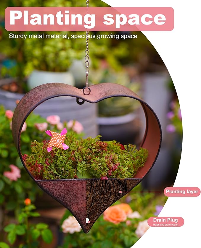 Metal Plant Hangers Indoor and Outdoor: Rustic Heart Shape Hanging Planters Perfect for Window Wall Decor for Living Room Office - Unique Gifts for Mom Women Grandma
