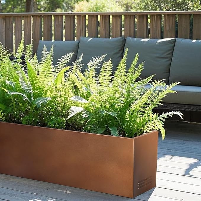 Worth Garden Metal Planter Box - 30" L x 11" W x 13" H Matte Bronze Heavy Duty Large Rectangular Steel Modern Plant Pot, Indoor Outdoor - Insert Plate with Drain Holes, Air Vents, No Assembly Required