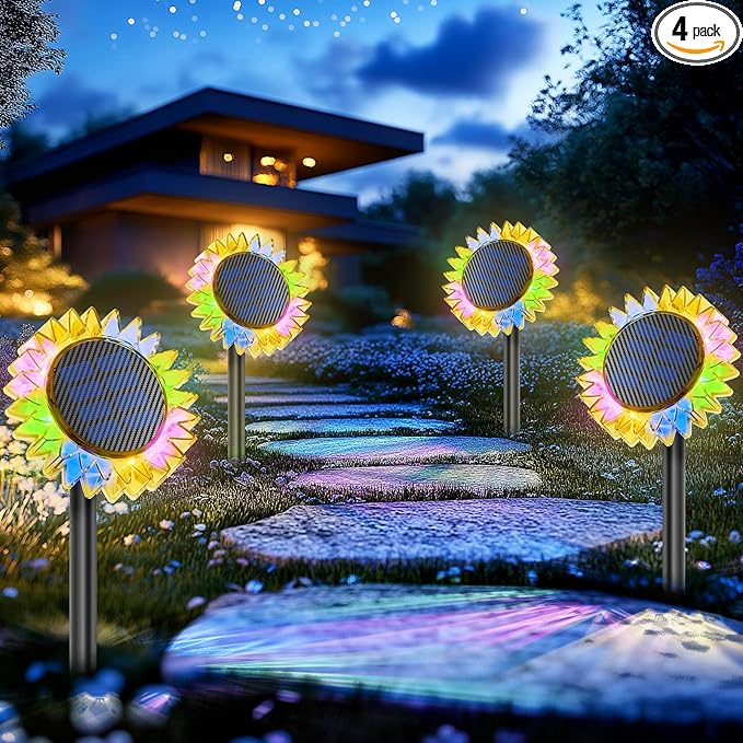 Solar Garden Lights - Upgraded Solar Sunflower Light, Ground/Wall 2 In 1, Solar Outdoor Lights Waterproof IP67,Garden Yard Patio Backyard Pathway Landscape Fence Wall Decoration, Multicolor(4 Pack)