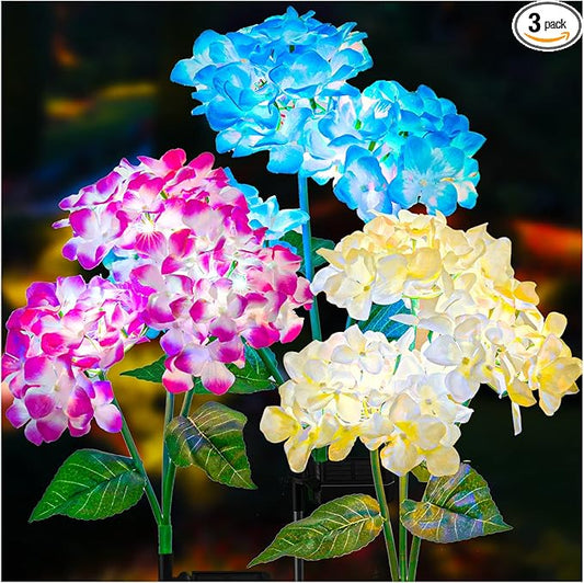 TONULAX Solar Garden Lights - 3 Pack Upgraded Version Outdoor Lights, Colorful Hydrangea Flower Light for Yard Decor, Garden Decoration, Two Lightning Modes & Enlarged Solar Panel