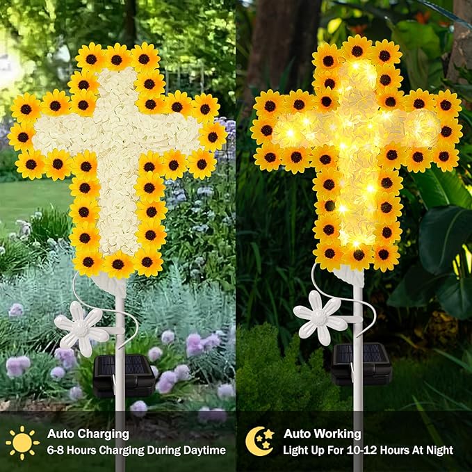 YJFWAL 2 Pack Solar Daisy Cross Garden Stake Lights, Yard Solar Lights Cemetery Decorations for Grave Outdoor Light Jesus Cross Sympathy Memorial Gifts for Grandmother, for Garden Yard Lawn Pathway