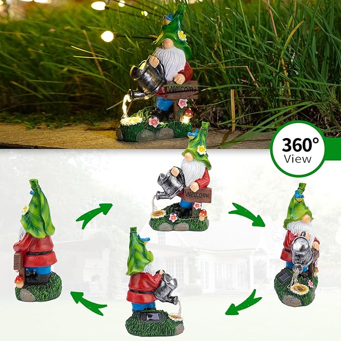 mopha Garden Gnomes Statues Outdoor Decor with Watering Can Solar Lights Resin Figurines Outside Decoration for Patio Yard Lawn Porch Ornaments Clearance Gardening Gift