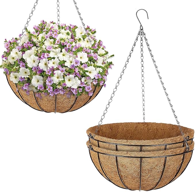 ZeeDix 3 Pack 16 Inch Metal Round Hanging Planter Basket with Coconut Liners Replacement, Hanging planters Baskets with Natural Coco Liner for Outdoor Indoor Planters Flowers Vegetables