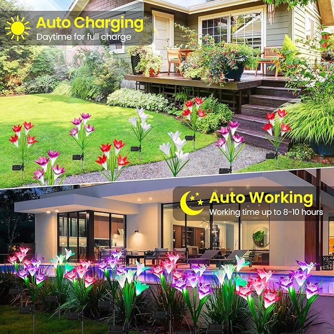 KOOPER Outdoor Solar Lights, 4 Pack Solar Garden Lights with Bigger Lily Flowers, Waterproof 7 Color Changing Solar Lights Outdoor - Bigger Solar Panel for Outdoor Patio Yard Garden Decoration
