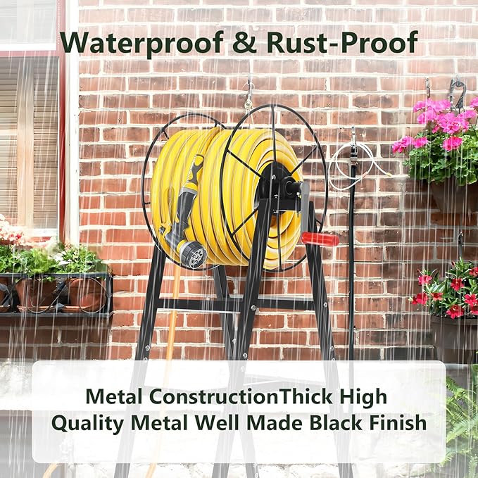 Freestanding Garden Hose Reel Holds 150 Ft Hose, Metal Garden Hose Holder for Outdoor, Garden Stand Rack for Water Pipe Organizer Storage, Black