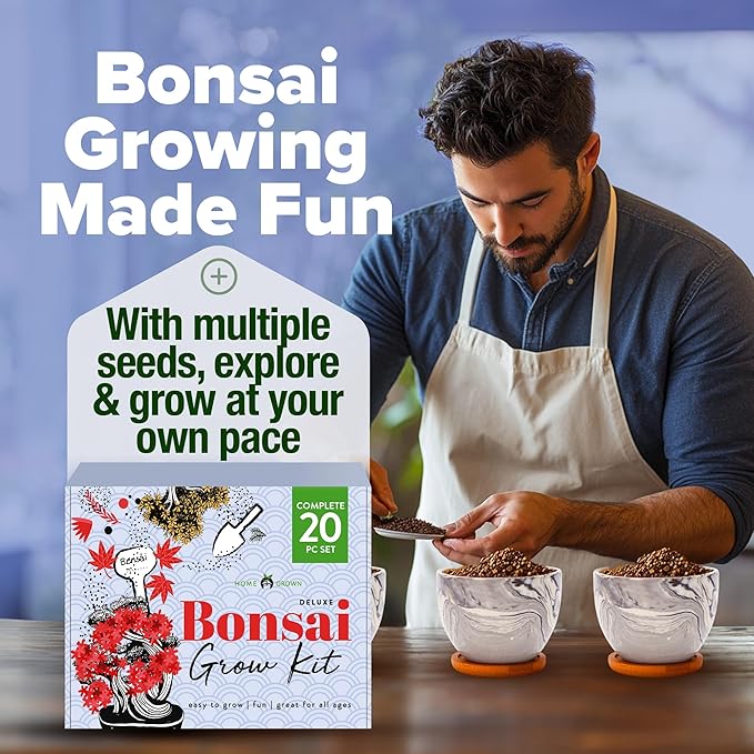 HOME GROWN Bonsai Tree Kit - Premium Ceramic Starter Kit - 4 Variety of Bonsai - Unique Gift for Men and Women Gardeners (BK2-2nd-MF)