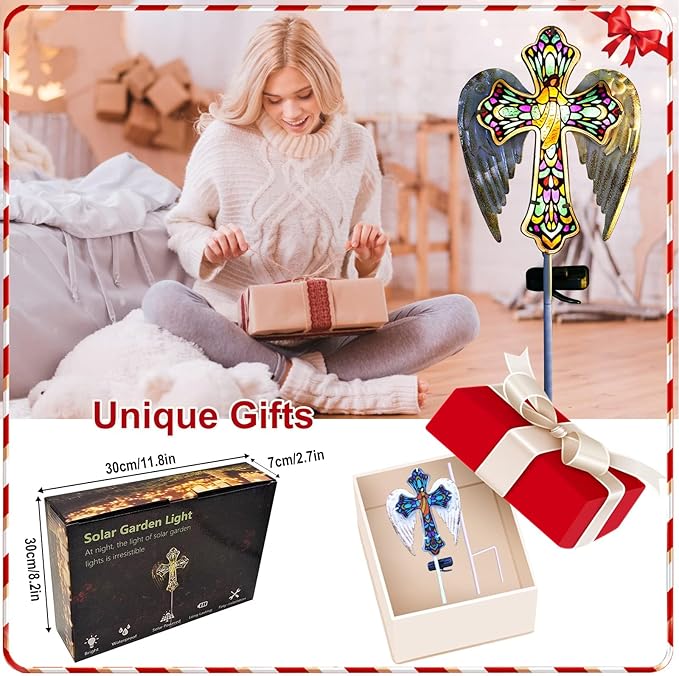 TEDOF Solar Glass Cross Stake Lights Outdoor Garden Lights,Cemetery Decorations for Grave,Jesus Cross Angel Wings Memorial Gifts for Mom,Yard Lawn Garden Patio Christmas Decor