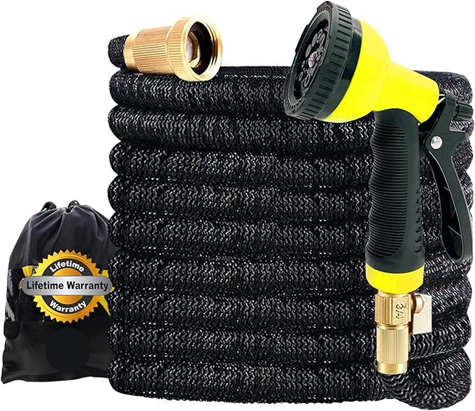 J&B XpandaHose 150ft Expandable Garden Hose with Holder - Heavy Duty Superior Strength 3750D - 4 -Layer Latex Core - Extra Strong Brass Connectors and 10 Spray Nozzle w/Storage Bag (Black 150)