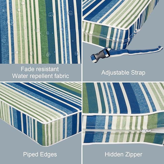 LVTXIII Patio Chair Cushions 22"x22"x3", Water-Repellent Outdoor Seat Cushions for Patio Furniture, Square Chair Pads with Ties for Home Garden Decoration, Set of 2, Stripe Blue Green