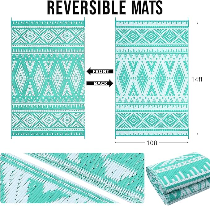 OLANLY Outdoor Rug Waterproof 10x14 ft, Reversible Outdoor Plastic Straw Rug, Boho Patio Rug, Indoor Outdoor Carpet, RV Mat Outside for Patio, Camp, Picnic, Balcony, Deck, Backyard, Turquoise & White