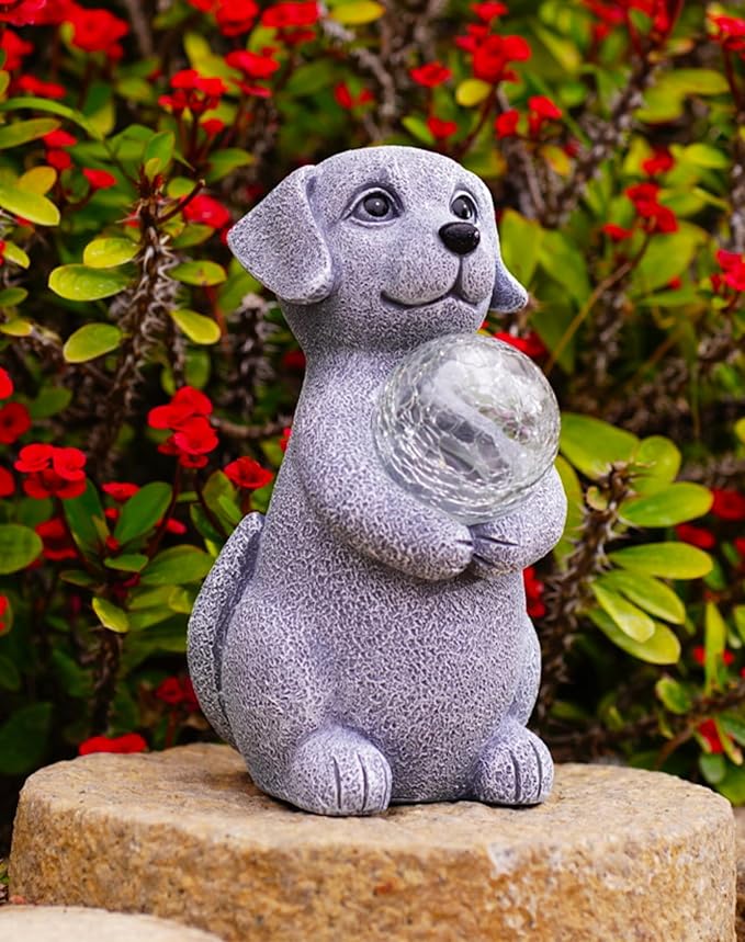 Solar Dog Garden Statues - 8.4 "Dog Decor with Gazing Ball Solar LED Lights, Unique Gifts for Mom Grandma Birthdays, Outdoor Decor for Outside Lawn Porch Patio (Gray)