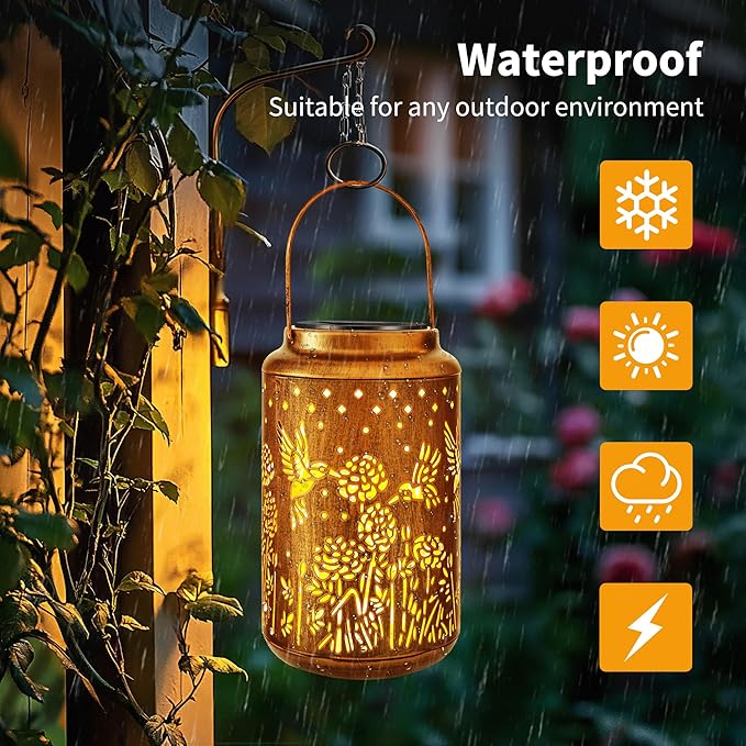 ODEETRONIC 2Pack Hummingbird Solar Lanterns - LED Solar Lantern Lights Outdoor Waterproof, Garden Lantern Lights Birthday Gift for Women, Metal Hummingbird Hanging Lanterns for Garden Yard Patio Decor