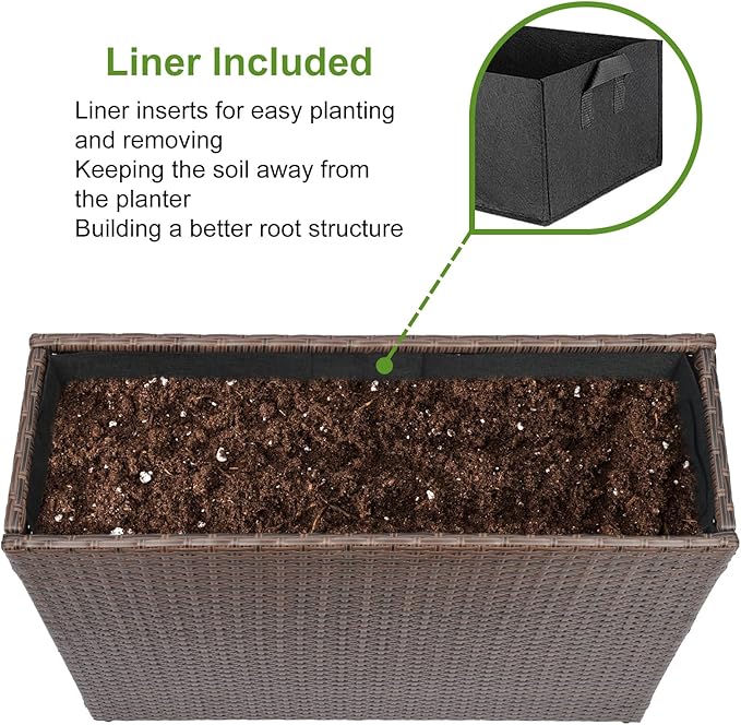 LEWIS&WAYNE Large Rectangular Block Planter Box Handmade Wicker Tall Planters for Outdoor Plants with Removable Liners Modern Planter for Indoor Outdoor Patio Deck - Brown, 32''x11''x24''