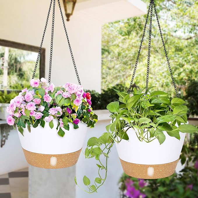 QCQHDU 2 Pack 10 inch Hanging Planters for Indoor Plants, Outdoor Hanging Baskets, Self Watering Pots with Drainage Holes & Removable Tray (White, 10 inch)