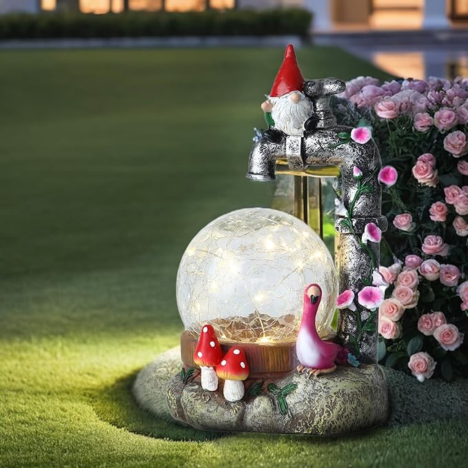 Solar Garden Outdoor Decor Dwarf Statue with Crackle Globe, Outside - Outdoor Decorations for Patio Yard Lawn Walkway Ornaments Clearance Ideal Gifts for Mom Grandma Birthday