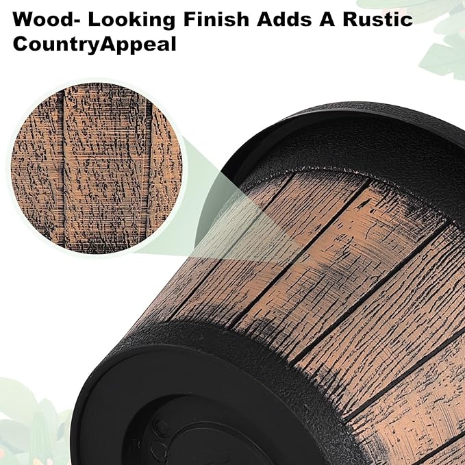 Quarut Plant Pots Set of 3 Pack 9 inch,Whiskey Barrel Planters with Drainage Holes & Saucer.Plastic Decor Flower Pots Imitation Wine Barrel Design,for Indoor & Outdoor Garden Home Plants (Brown)