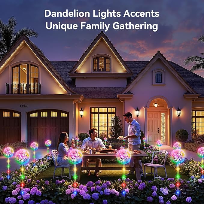 4 Pack Dandelion Solar Outdoor Lights Decorative with Colorful String Lights, Upgraded Waterproof Solar Garden Decor for Yard, Patio, Landscape Decoration