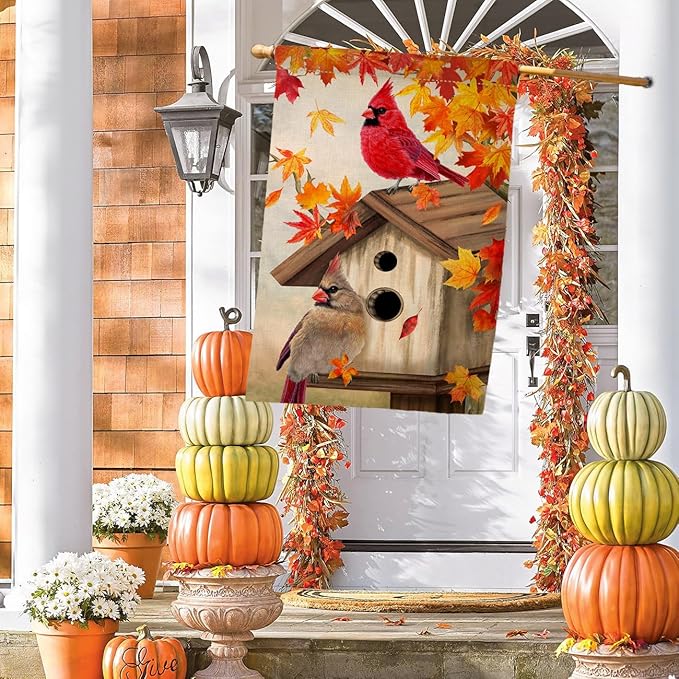 BLKWHT Fall Cardinal Bird House Flag 28x40 Vertical Double Sided Maple Leaves Welcome Autumn Thanksgiving Holiday Outside Decorations Burlap Yard Flag BW829-40