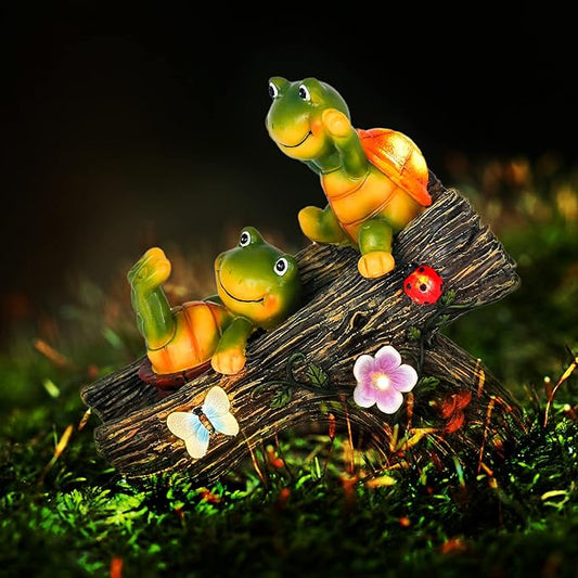 Garden Turtle Figurines Outdoor Decorations, Solar Statue Sweet Frog Face Turtles Decor with 4 LED Lights, Unique Garden Art Resin Statue Gifts for Patio Lawn Porch Yard