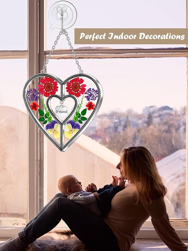 KY&BOSAM Heart Suncatcher Friend Stained Glass Hangings for Windows Real Flower Glass & Metal Maker Sun Catchers Birthday Gifts for Frined Home Party Backyard Indoor Outdoor Decor Christmas Ornament
