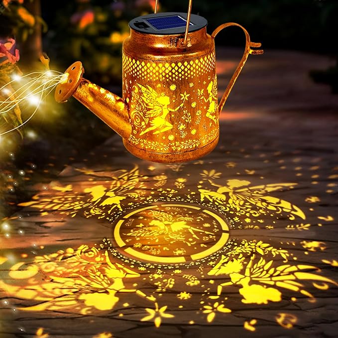 Solar Lanterns Outdoor Waterproof,Metal Watering Can Garden Decor,Fairy Hanging Solar Path Lights Yard Art,Outside Patio Decorations Gardening Birthday Gifts for Mom Grandma Women（with Shepherd Hook）