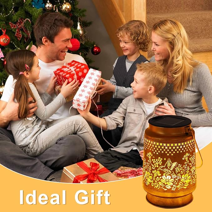 2 Pack Solar Lanterns Outdoor Hanging Lanterns with Shepherd Hook, Birthday Gifts for Women Mom Grandma Hummingbird Metal Decor Lantern Waterproof Solar Lights LED Decorative for Garden Yard Patio