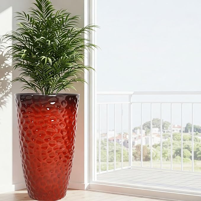 Worth Garden 14" Dia x 24" H Large Plastic Planters with Drainage Hole, Set of 2 Hammered Texture Red Glossy Smooth Finish, Tall Taper Round Decorative Flower Plant Pot for Indoor Outdoor, Front Porch