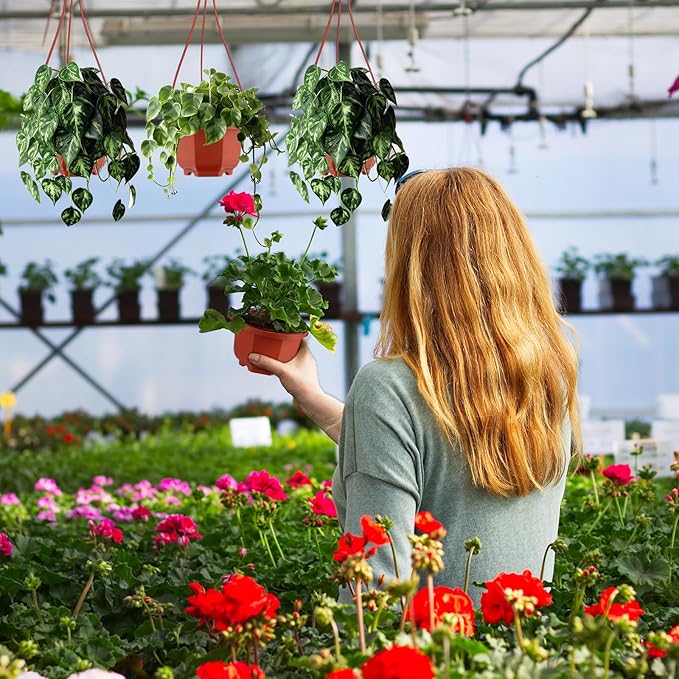 Roshtia 24 Pcs Hanging Plastic Planter Pot with Hook Flower Pots Baskets Hanging Nursery Planter Holder for Outdoor Indoor Plant Garden(Brown,3.7 Inch)