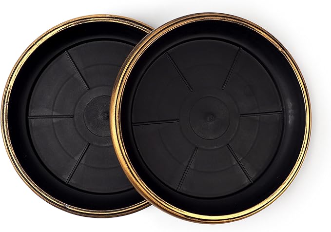 9" Decorative Heavy Duty Tray/Saucer (2 Pack) Rustic Medieval/French Country Look, Pot/Planter Base for Indoor/Outdoor Decor Use. Long Lasting, Reusable Light Weight (9 inches, Gold)