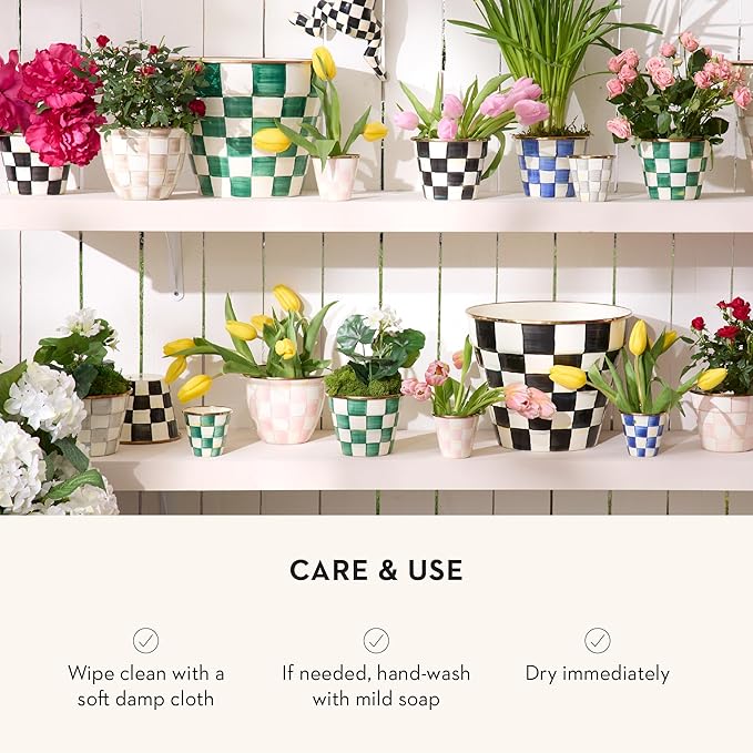 MACKENZIE-CHILDS Enamel Garden Pot, Decorative Pot for Plants, Outdoor Flowerpot Decor, Extra Large, Green-and-White Emerald Check