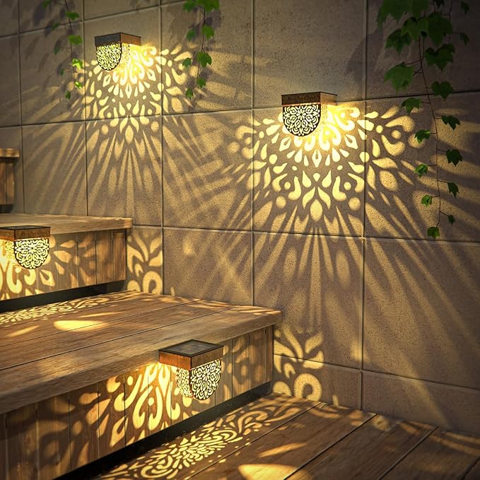 Solar Fence Lights 6 Pack Solar Deck Lights Outdoor Waterproof LED Solar Powered Step Lights Wall Lights Outdoor Decorations Warm Yellow Light Decorative Lighting for, Front Door, Backyard (Gold)