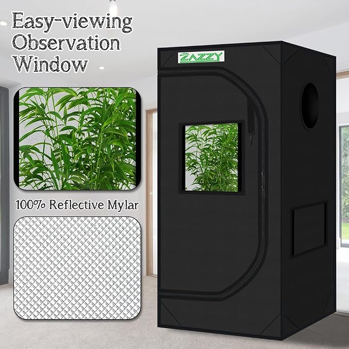 zazzy 2x2 Grow Tent 24"x24"x48"600D Mylar Hydroponic Indoor Plant Grow Tents with Observation Window, Tool Bag and Removable Waterproof Floor Tray for Plants
