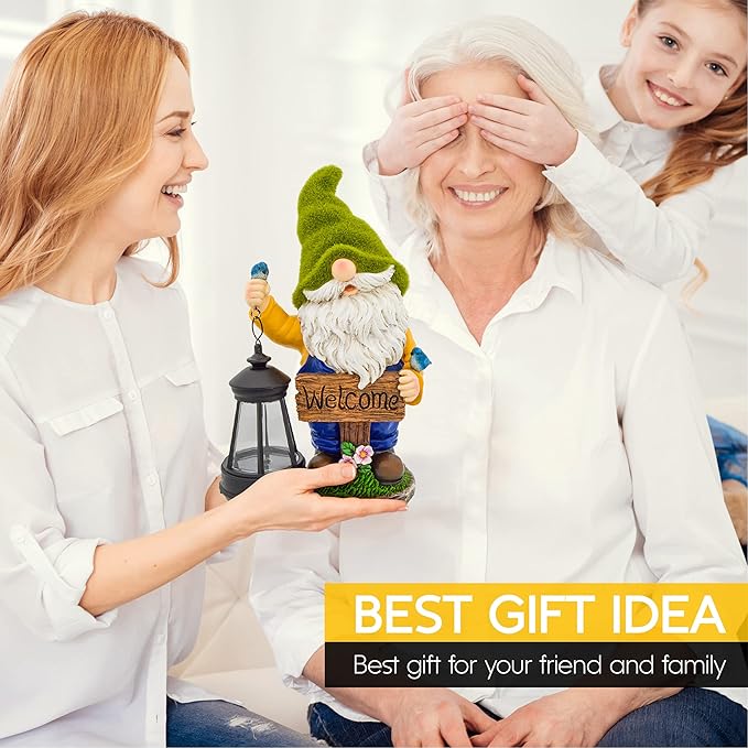 Garden Gnomes Outdoor - Flocked Gnome Statue Holding Lantern with Solar LED Lights | Gnomes Garden Decorations for Patio, Yard, Lawn Ornaments - Gnome Gifts