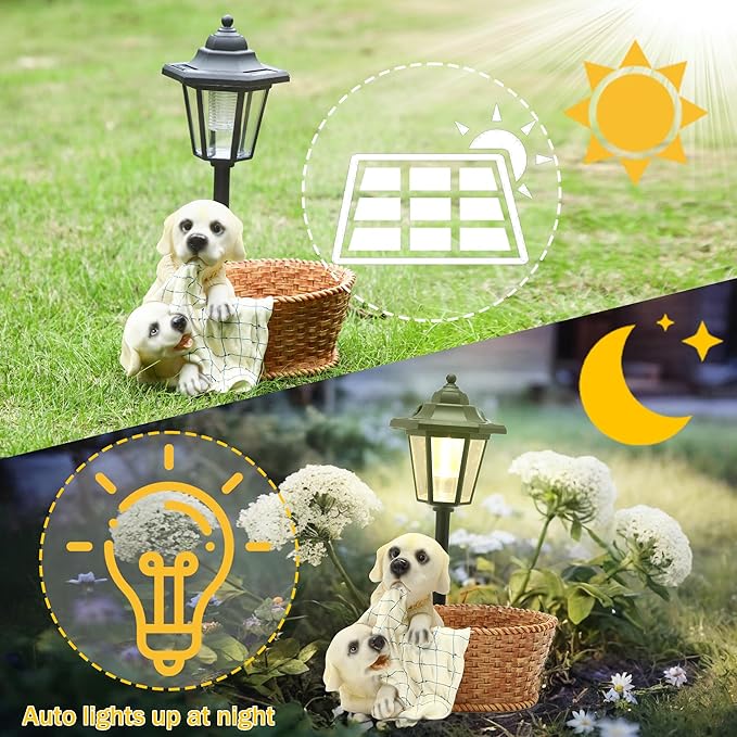 Solar Garden Outdoor Decor Statues Labrador Puppies Playing in Basket with Light,Outside-Outdoor Decorations Sculptures for Patio Yard Lawn Walkway Ornaments Clearance Gifts for Mom Grandma Birthday