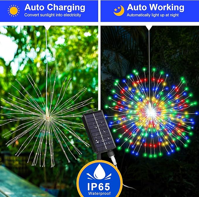 Solar Firework Lights Outdoor, 1000 LED Starburst Light Outdoor with USB Rechargerable, 8 Modes Waterproof Solar Hanging Lights for Gazebo Yard Party Wedding Decorations (Multicolored, 1000 LED)