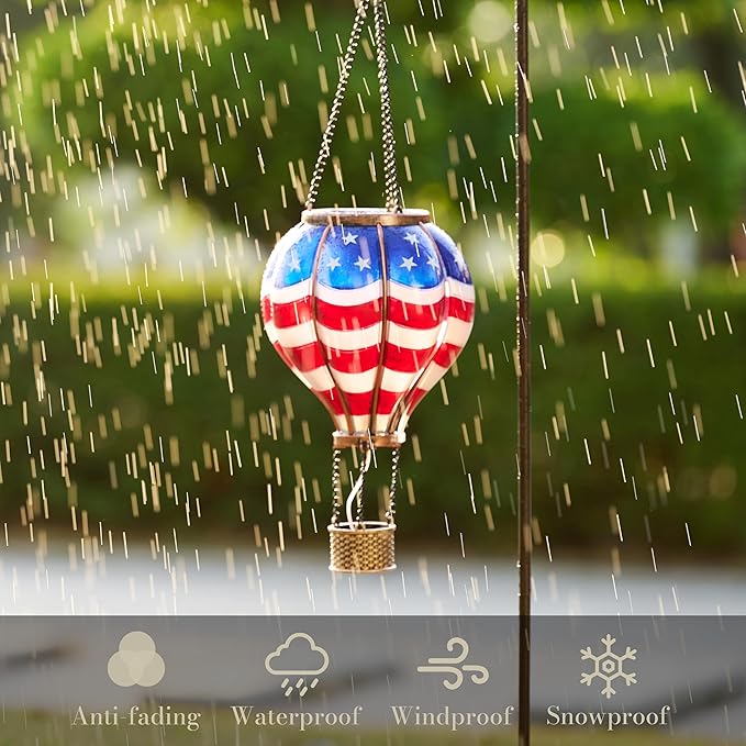 TERESA'S COLLECTIONS America Fourth of July Decorations, Hot Air Balloon Solar Lantern for Garden Decor,Gifts for Women + Memorial Day 17.7'' Hot Air Balloon Solar Lantern