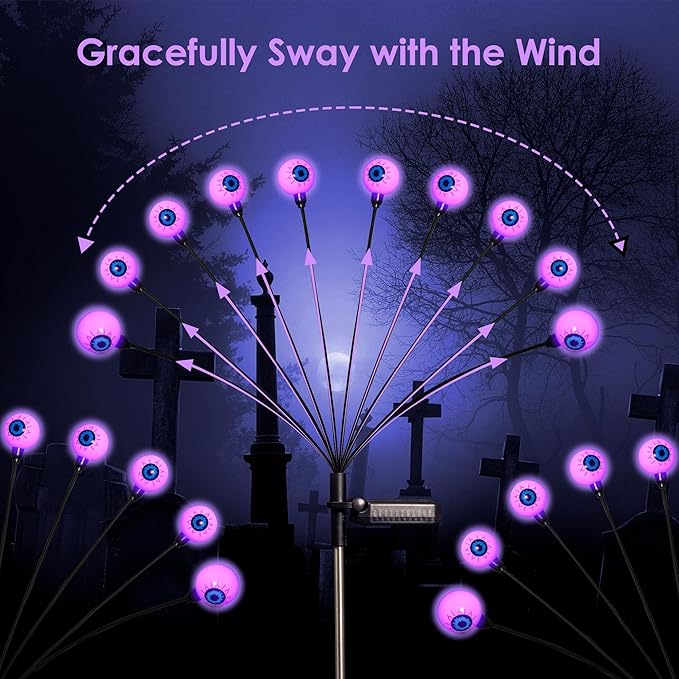 Solar Halloween Lights - 2 Pack 20LED Outdoor Waterproof Scary Eyeball Swaying Firefly Lights for Yard Garden Patio Party Decor Purple