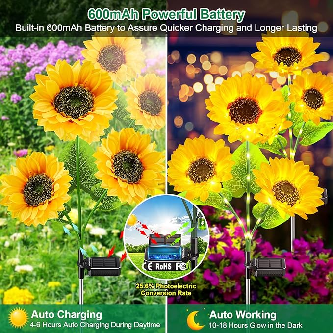 Solar Garden Lights for Outside, 2024 Upgraded Solar Outdoor Lights with 18 Beautiful & Realistic Sunflower Lights, Bright Waterproof Yard Lights for Patio Outdoor Garden Decor