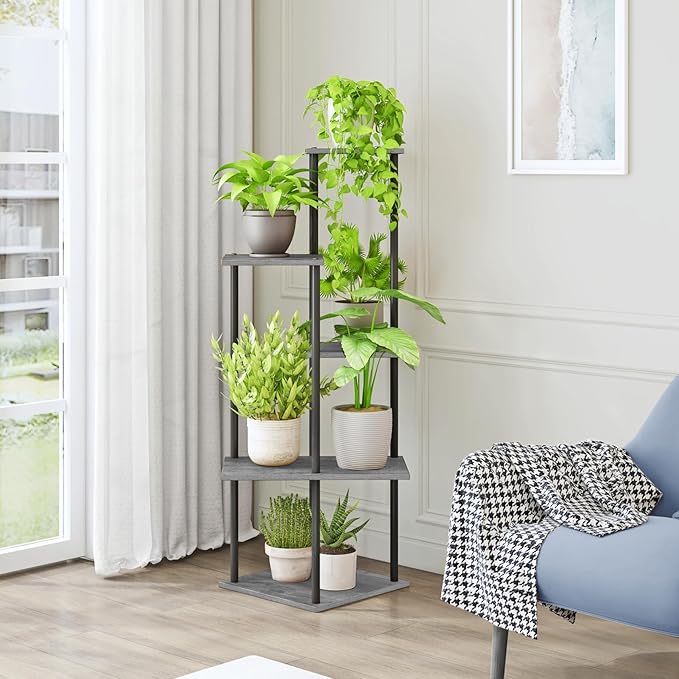Plant Stand Indoor 5-Tier Metal Wood Plant Shelf for Multiple Flower Pots Corner Tall Flower Holders for Living Room Balcony Bedroom, Oak Grey